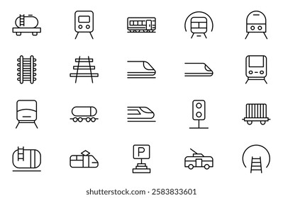 Train and railways Outline icon set. intercity, international, freight trains, linear icons. Outline icon collection.