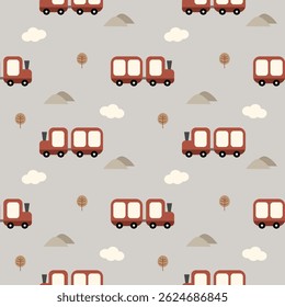 Train red cartoon so cute. On mountain tree cloud background. Pattern seamless vector illustration. 