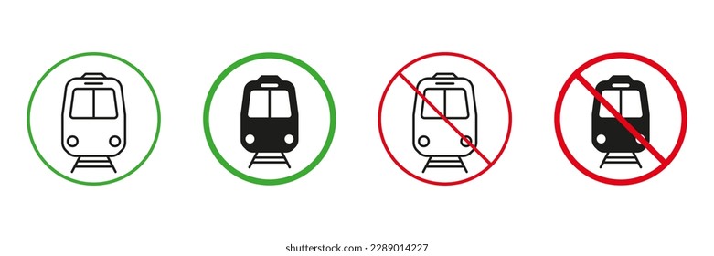 Train Red and Green Road Signs. Railway Transport Line and Silhouette Icons Set. Railroad Transportation Permit and Not Allowed Symbol Collection. Isolated Vector Illustration.
