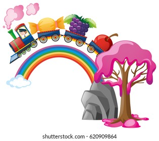 Train ride with candy and fruits illustration