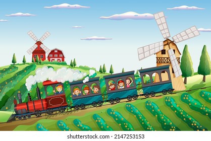 Train ride in the countryside illustration
