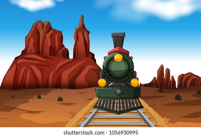 Train ride in the desert at day time illustration