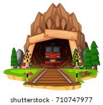 Train ride on the track through tunnel illustration
