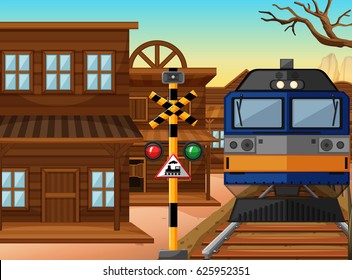 Train ride through western town illustration