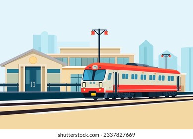 The train rides against the backdrop of the railway station. The train or subway arrives at the station. Vector illustration.