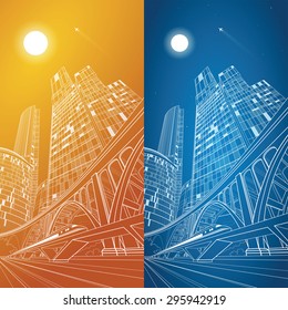 Train rides, airplane flying in the sky. Night business center, a large arched bridge, night city, vector transport illustration, day and night