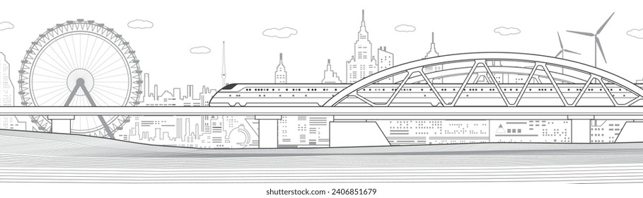 Train rides on the bridge. City industry and transport illustration. Ferris wheel. Urban scene. Gray lines on white background. Vector design art