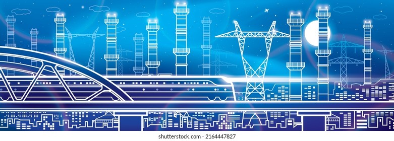 Train rides on bridge. Neon glow illustration. Power plant, energy industry outlines illustration panorama, urban night scene. Pipes and power lines. Factory infrastructure. Vector design art