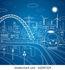 Train rides on the bridge, night city, white lines on blue background, town transportation infrastructure, vector design art