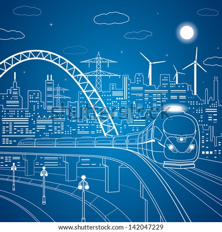 Train rides on the bridge, night city, white lines on blue background, town transportation infrastructure, vector design art