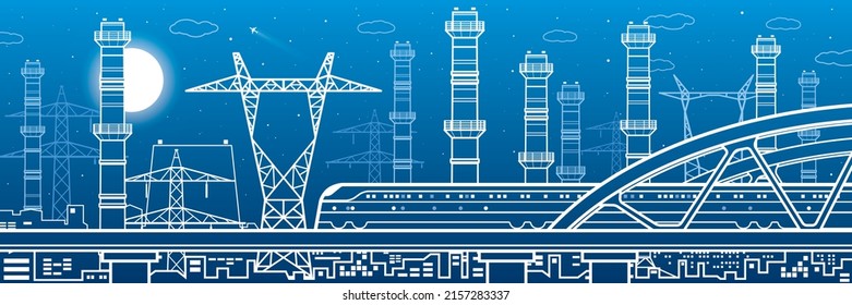 Train rides on bridge. Power plant, energy industry outlines illustration panorama, urban night scene. Pipes and power lines. Factory infrastructure. Vector design art