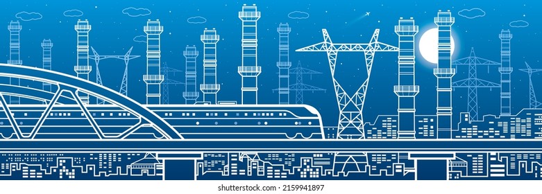 Train rides on bridge. Power plant, energy industry outlines illustration panorama, urban night scene. Pipes and power lines. Factory infrastructure. Vector design art