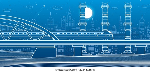 Train rides on the bridge. Three industrial pipes. City industry and transport illustration. Urban scene. White lines on blue background. Vector design art