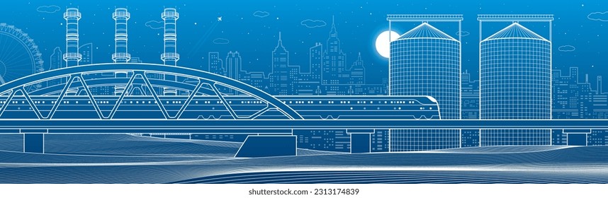 Train rides on the bridge. Three industrial pipes. Granary. City industry and transport illustration. Urban scene. White lines on blue background. Vector design art