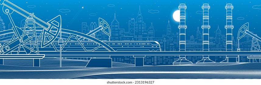 Paseos en tren por el puente. Tres tuberías industriales. Planta de energía, industria petrolera. Ilustración de la ciudad y el transporte. Escena urbana. Líneas blancas de fondo azul. Arte de diseño de vectores