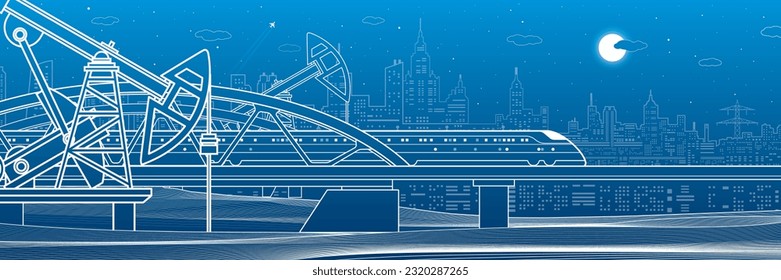 Train rides on the bridge. Three industrial pipes. Power plant, petroleum industry. City and transport illustration. Urban scene. White lines on blue background. Vector design art