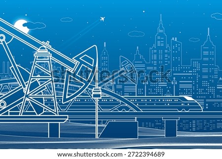 Train rides on the bridge. Three industrial pipes. Power plant, petroleum industry. City and transport illustration. Urban scene. White lines on blue background. Vector design art