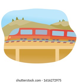train rides on a high bridge in summer,