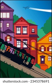 A train rides on the tracks in front of a row of houses and an airplane flying through the sky, urban background, illustration for a collection of short stories