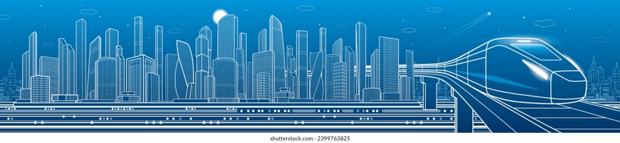 Train rides. Outline modern town illustration. Railroad bridge. Urban city complex. Business center. Cityscape pamorama. White line on blue background. Vector design art