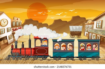 Train riding with children at sunset illustration