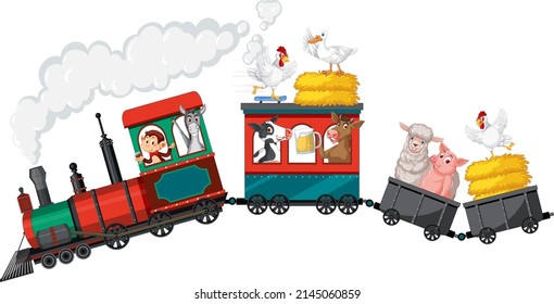 Train riding with many animals illustration