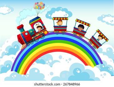 Train riding on the rainbow in the sky