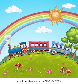  Train riding over a hilly landscape