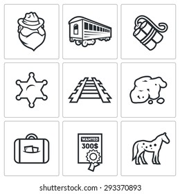 Train robbery in the Wild West icons set. Vector Illustration. 
Isolated Flat Icons collection on a white background for design