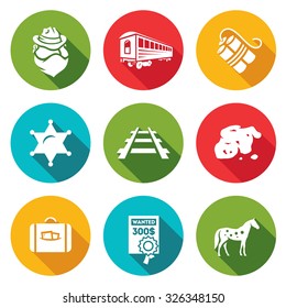 Train robbery in the Wild West icons set. Vector Illustration.
