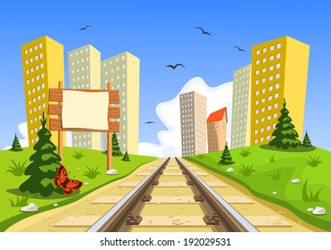 Train route into the city through the landscape