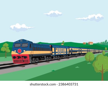 Train running middle of the village and mountain vector illustration