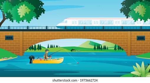 The Train Was Running On A Bridge Over A River With Fishermen.