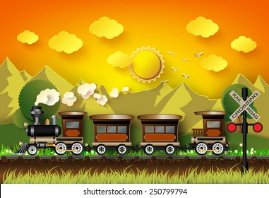 The train is running on rails  In the backdrop of the sunset.paper art style.