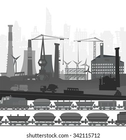 Train running though the city. Heavy industry concept illustration
