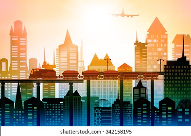 Train running though the city. Heavy industry concept illustration