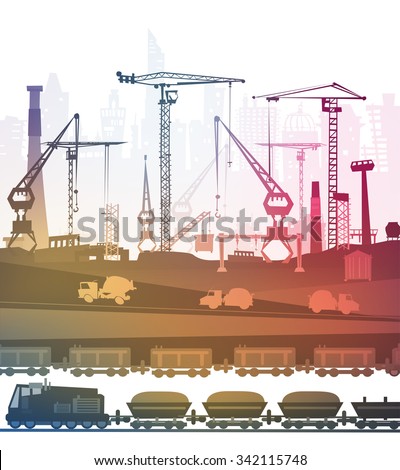 Train running though the city. Heavy industry concept illustration