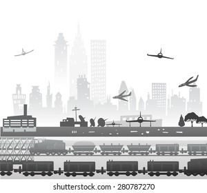 Train running through the city, industrial illustration