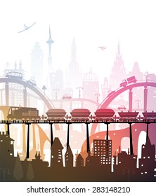Train running through the city, industrial illustration