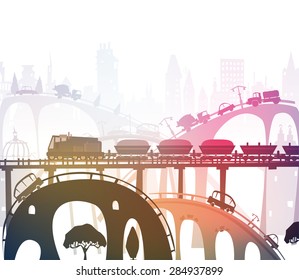 Train running through the city, industrial illustration