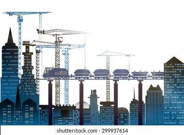 Train running through the city, industrial illustration