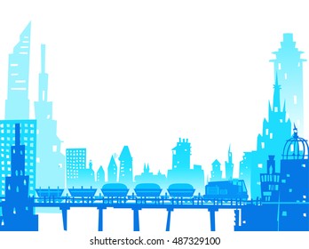 Train running through the city, Industrial concept illustration.