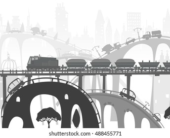 Train running through the city, Industrial concept illustration.