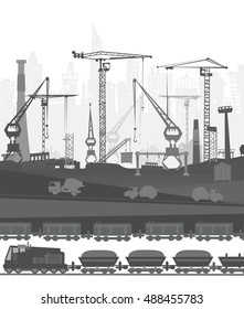 Train running through the city, Industrial concept illustration.