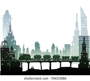 Train running through the city, Industrial concept illustration.