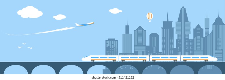 Train running through city. Railway and bridge. Transportation over river. Modern city infrastructure. Plane flies over skyscrapers. Horizont panorama. Flat style vector illustration