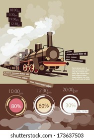 Train schedule infographic. Internal information and statistic template. Flat design train illustration