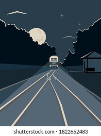 A train with a searchlight on goes through the night. Vector illustration.