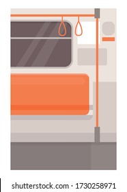 Train seat with handrail holders semi flat vector illustration. Subway chair row with hand holder. Public transport. Empty underground transport. Metro 2D cartoon background for commercial use