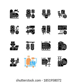Train services black glyph icons set on white space. City travel, railroad transportation silhouette symbols. Modern railway commuting, passenger train tickets booking. Vector isolated illustration